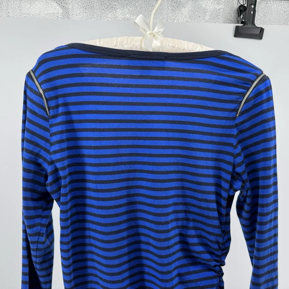 Michael Kors Striped Top Blue Black Zip Shoulder Stretch Slim Rouched Sides Med